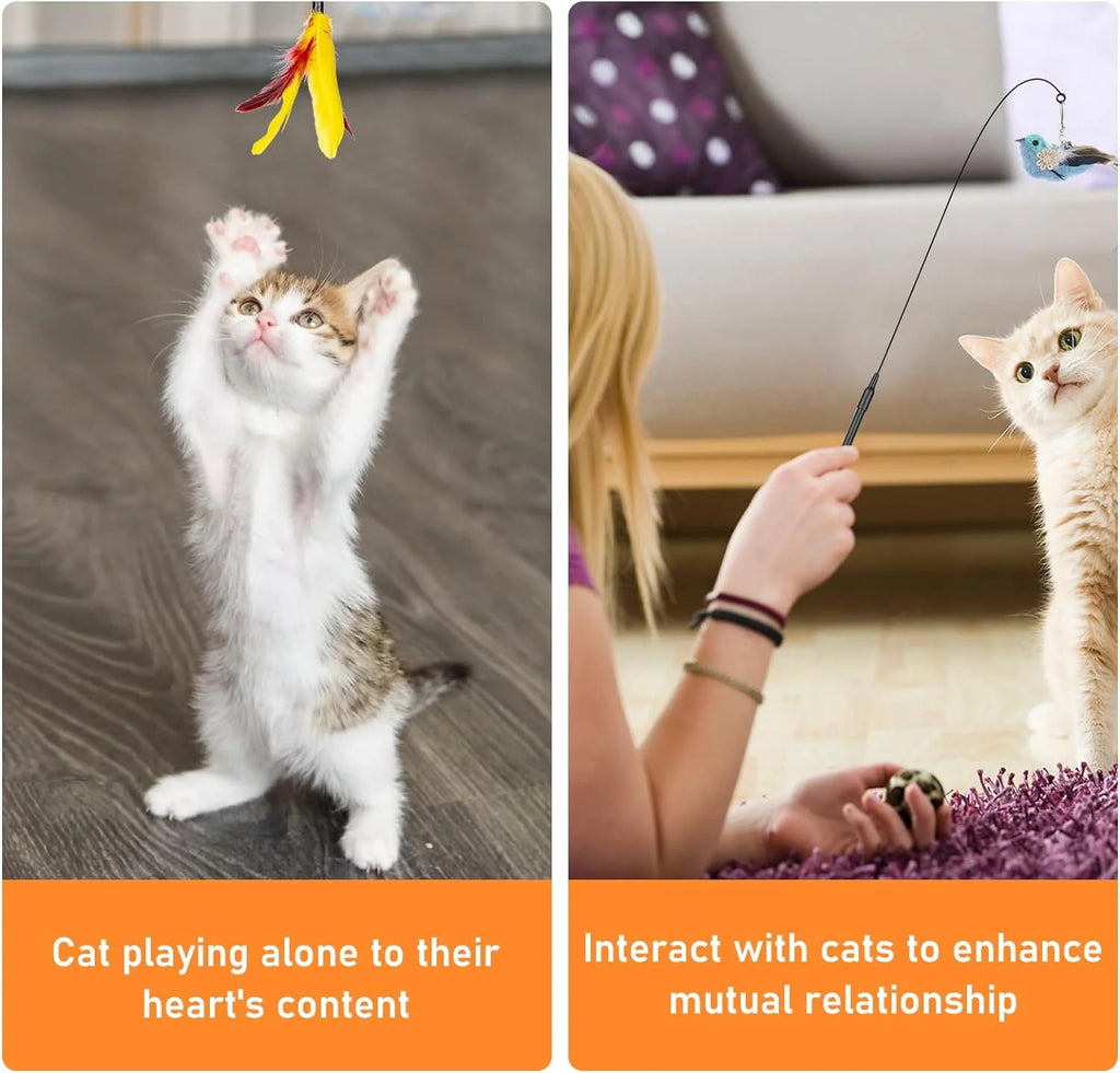 Cat Feather Toys, 10PCS Cat Toys with Super Suction Cup, Detachable 2PCS Cat Wand Toys & 6PCS Replacement Teaser Refills with Bell, Interactive Cat Toy for Indoor Cat Accessories