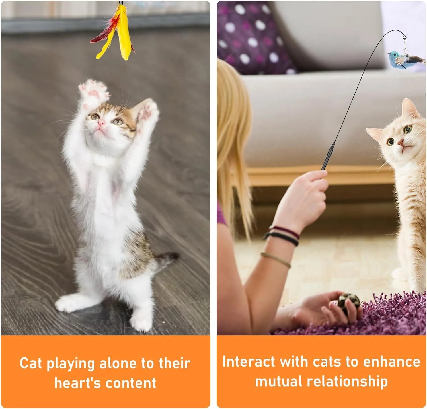Cat Feather Toys, 10PCS Cat Toys with Super Suction Cup, Detachable 2PCS Cat Wand Toys & 6PCS Replacement Teaser Refills with Bell, Interactive Cat Toy for Indoor Cat Accessories