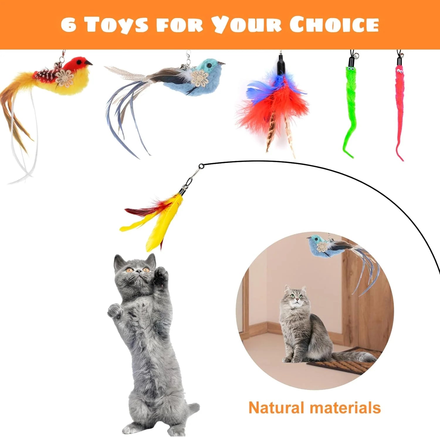 Cat Feather Toys, 10PCS Cat Toys with Super Suction Cup, Detachable 2PCS Cat Wand Toys & 6PCS Replacement Teaser Refills with Bell, Interactive Cat Toy for Indoor Cat Accessories