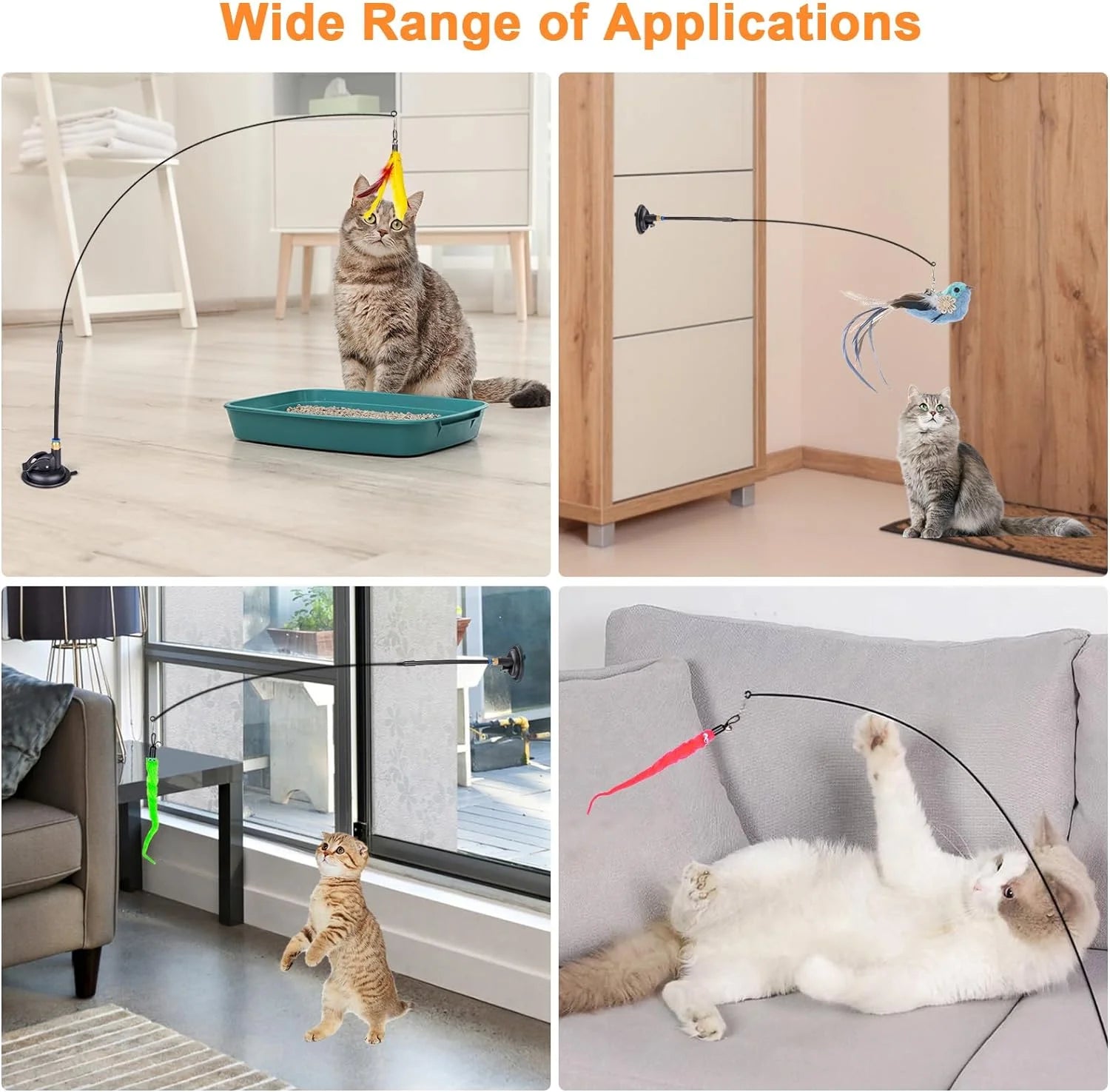 Cat Feather Toys, 10PCS Cat Toys with Super Suction Cup, Detachable 2PCS Cat Wand Toys & 6PCS Replacement Teaser Refills with Bell, Interactive Cat Toy for Indoor Cat Accessories