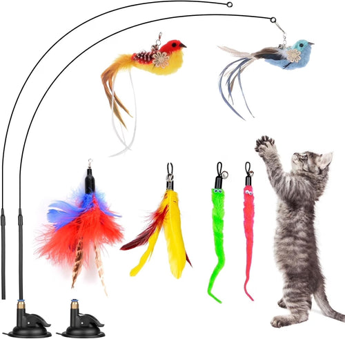 Cat Feather Toys, 10PCS Cat Toys with Super Suction Cup, Detachable 2PCS Cat Wand Toys & 6PCS Replacement Teaser Refills with Bell, Interactive Cat Toy for Indoor Cat Accessories